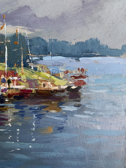 Textured impressionist oil painting of Yuriy Suprunchuk harbor with boats at green red docks