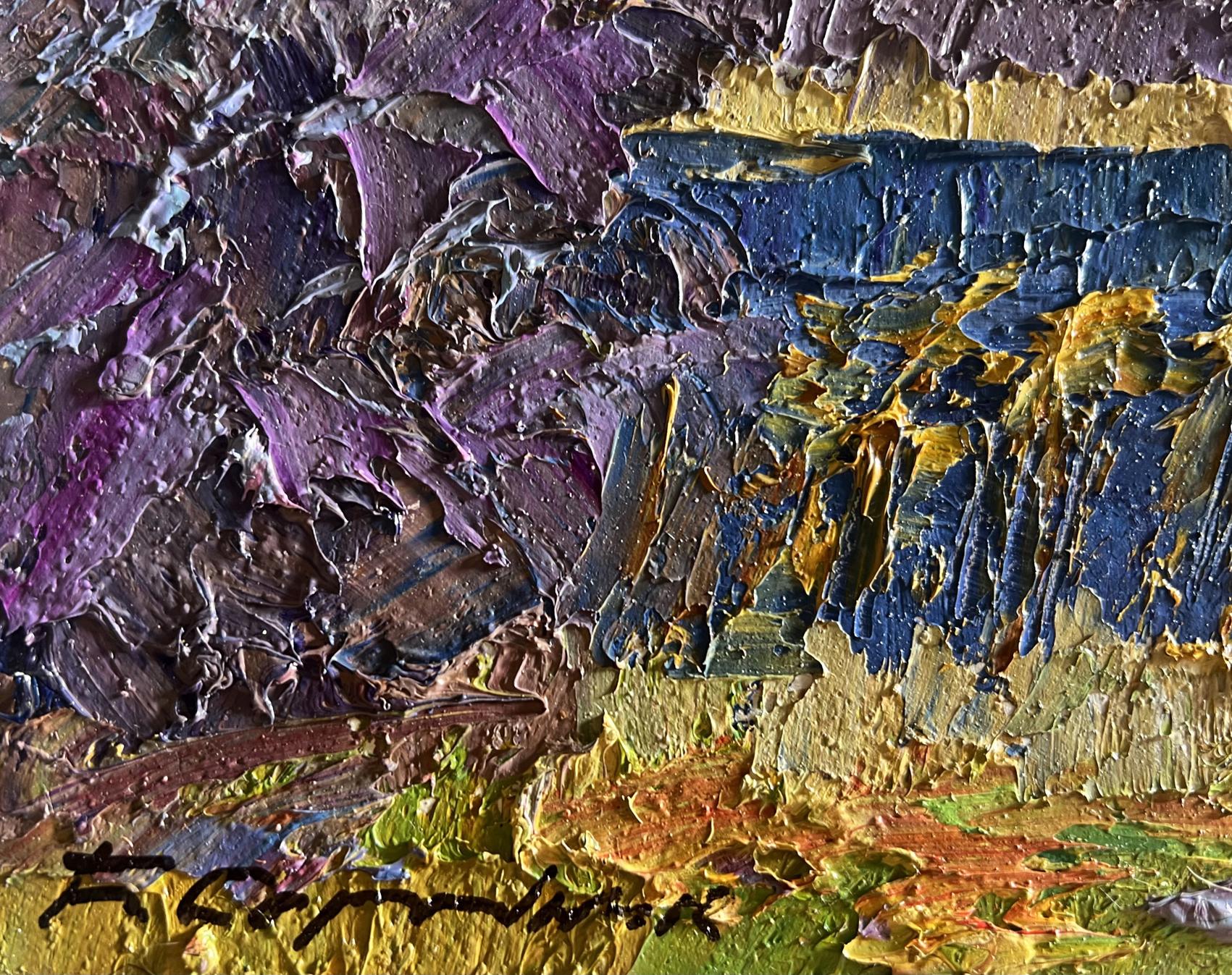 Textured impasto oil painting of river and golden field by Boris Serdyuk