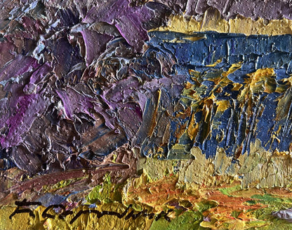 Textured impasto oil painting of river and golden field by Boris Serdyuk