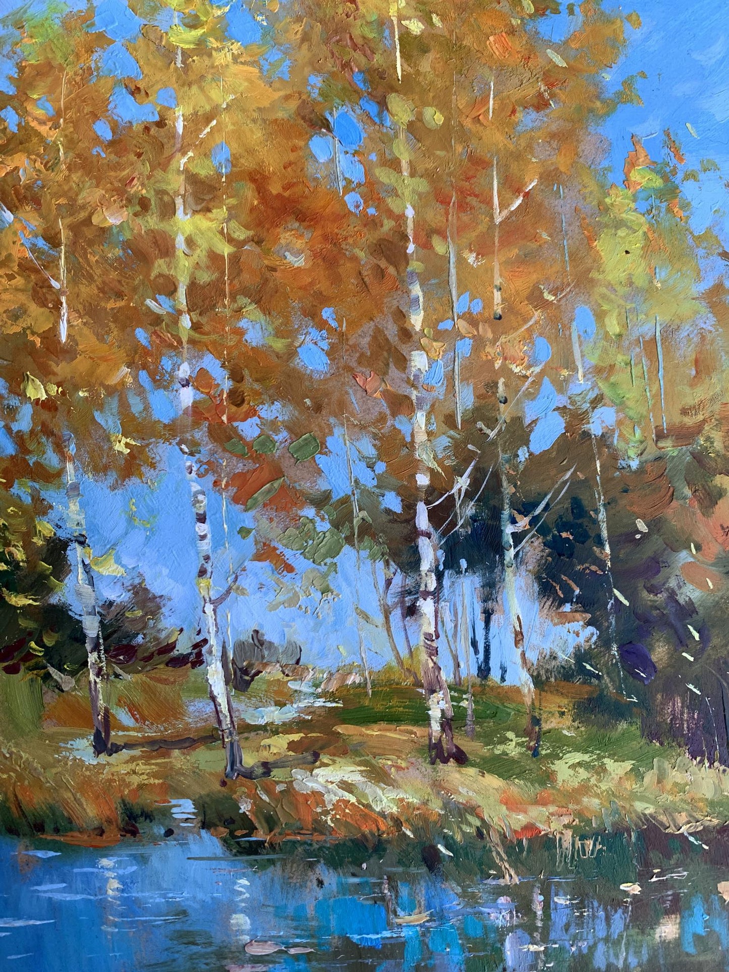 Oil painting by Yuriy Suprunchuk: autumnal birch trees by blue stream