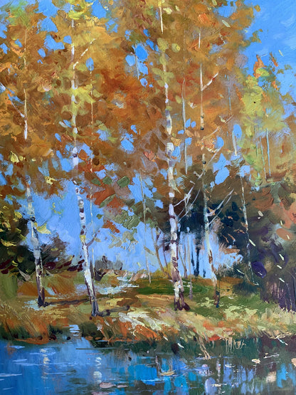 Oil painting by Yuriy Suprunchuk: autumnal birch trees by blue stream