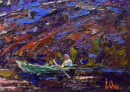 Vibrant impasto oil painting Crimson evening by the river by Oksana Ivanyuk