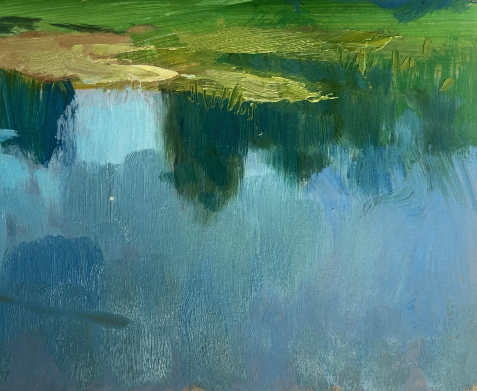 Oil painting Warm weather for fishing by Yuriy Suprunchuk serene water reflection