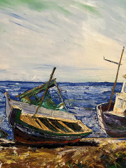 Oil painting by Serhiy Kovalev: weathered wooden fishing boat with torn sail