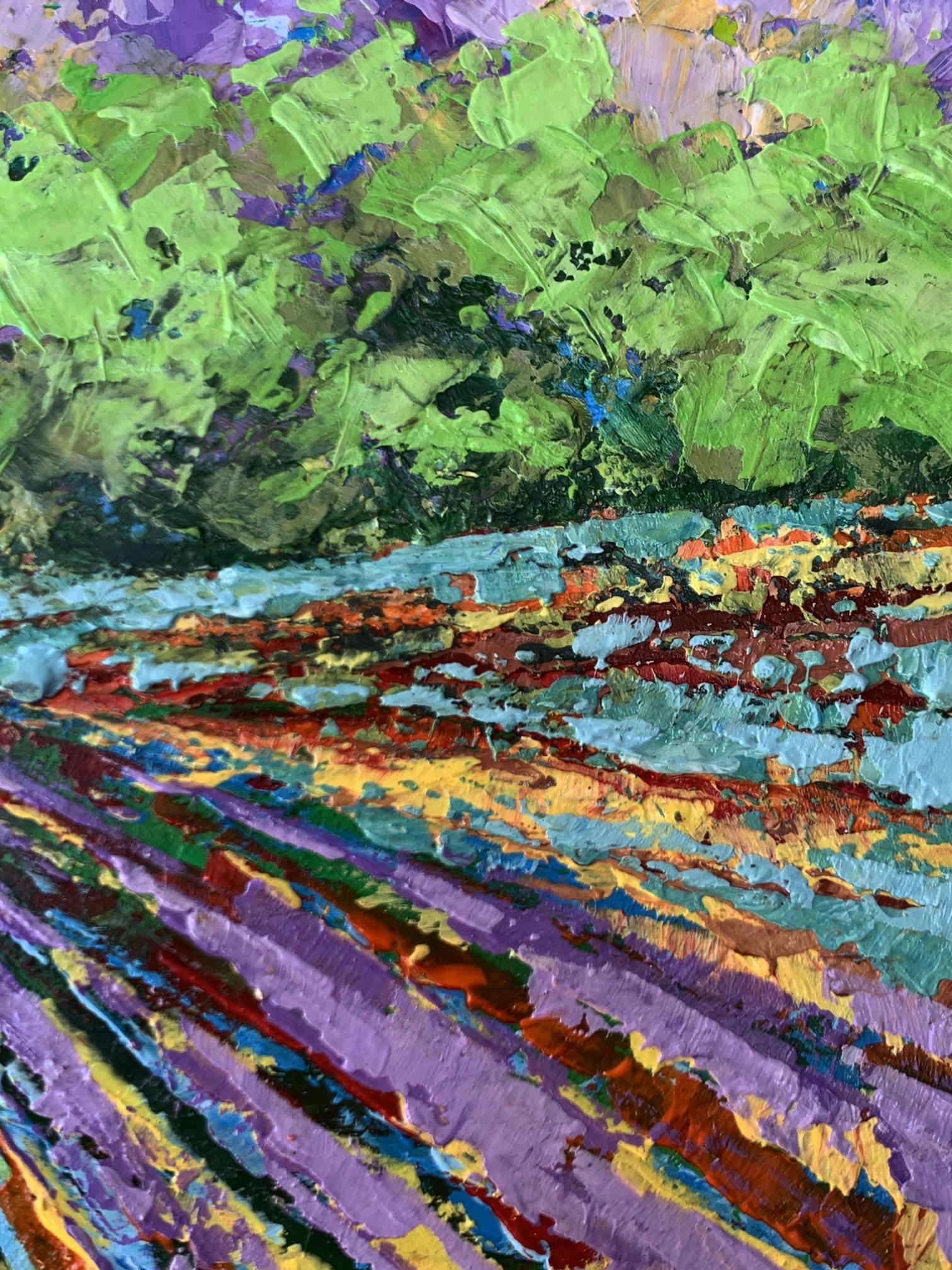 Vibrant impressionist oil painting Sunny field near the forest by V. Zadorozhnya