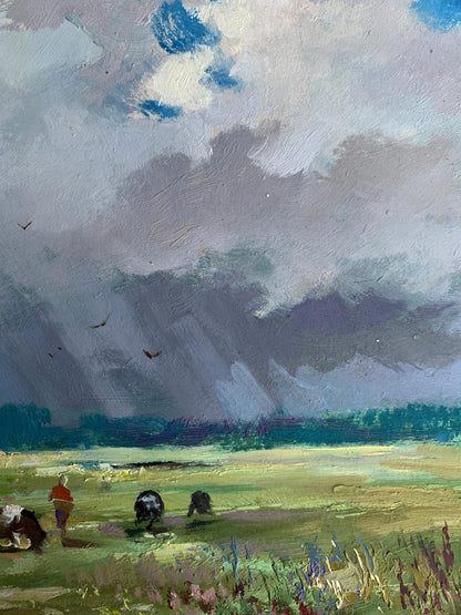 Textured oil painting by Yuriy Suprunchuk: swirling gray clouds over green field