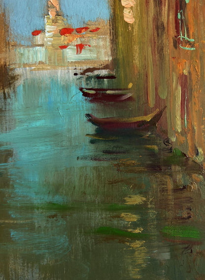 Oil painting of water channels by city walls by Yuriy Suprunchuk