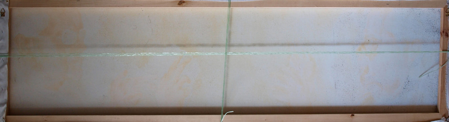 Back of Oil painting Gemarmen Konsta G. Amelinn with taut translucent sheet on wooden frames secured by green string