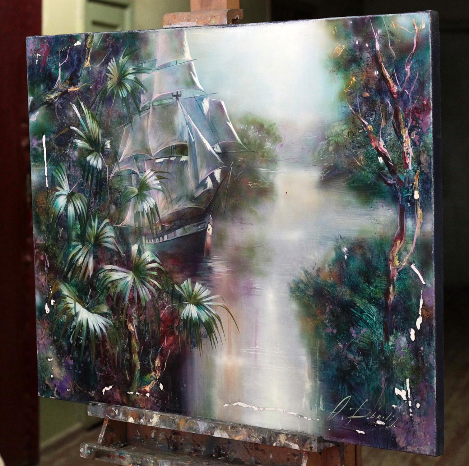 Oil painting Tropical motif by Alexander Dobrodiy: tall ship in misty tropical waters