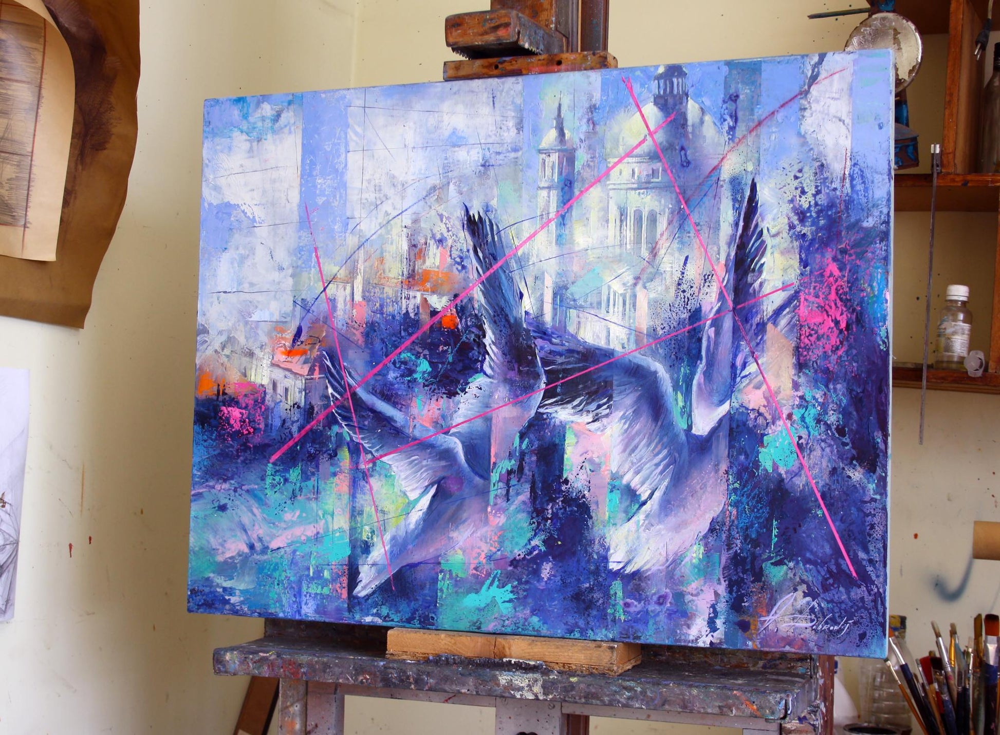 Oil painting Blue Wind by Alexander Dobrodiy: vibrant blue purple teal abstract cityscape