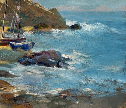 Oil painting Sunny day at sea by Yuriy Suprunchuk: blue boat on foamy sea near rocky shore