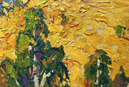 Vibrant impressionist oil painting Golden field among trees by Oleksiy Ivanyuk