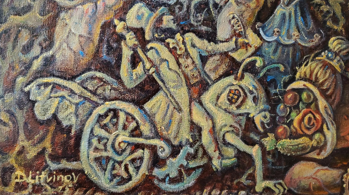 Oil painting Ancient Sea Visions by Daniil Litvinov, pale figure on fantastical motorcycle