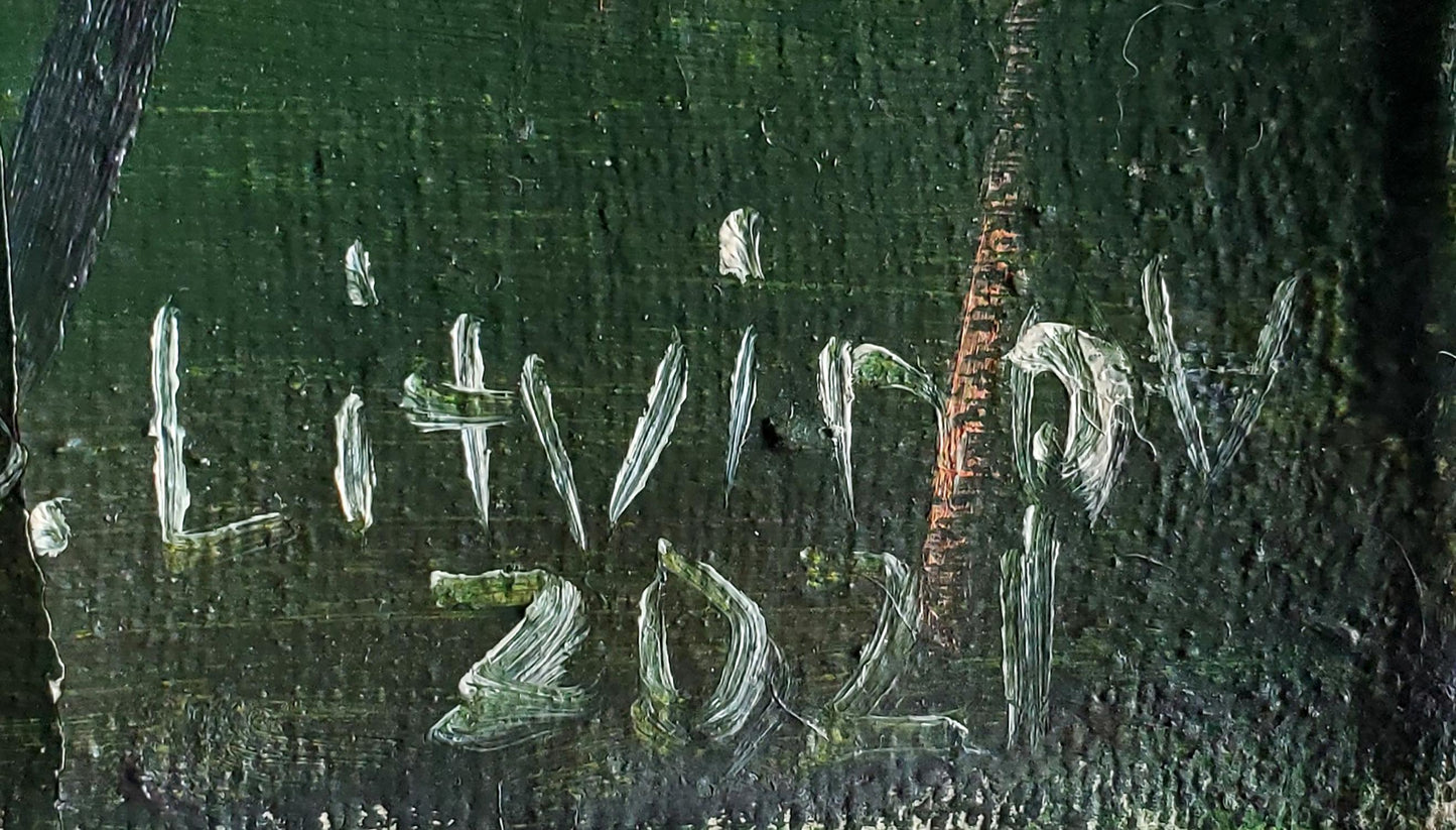 White chalk Litvinov 2021 on dark green textured back of oil painting
