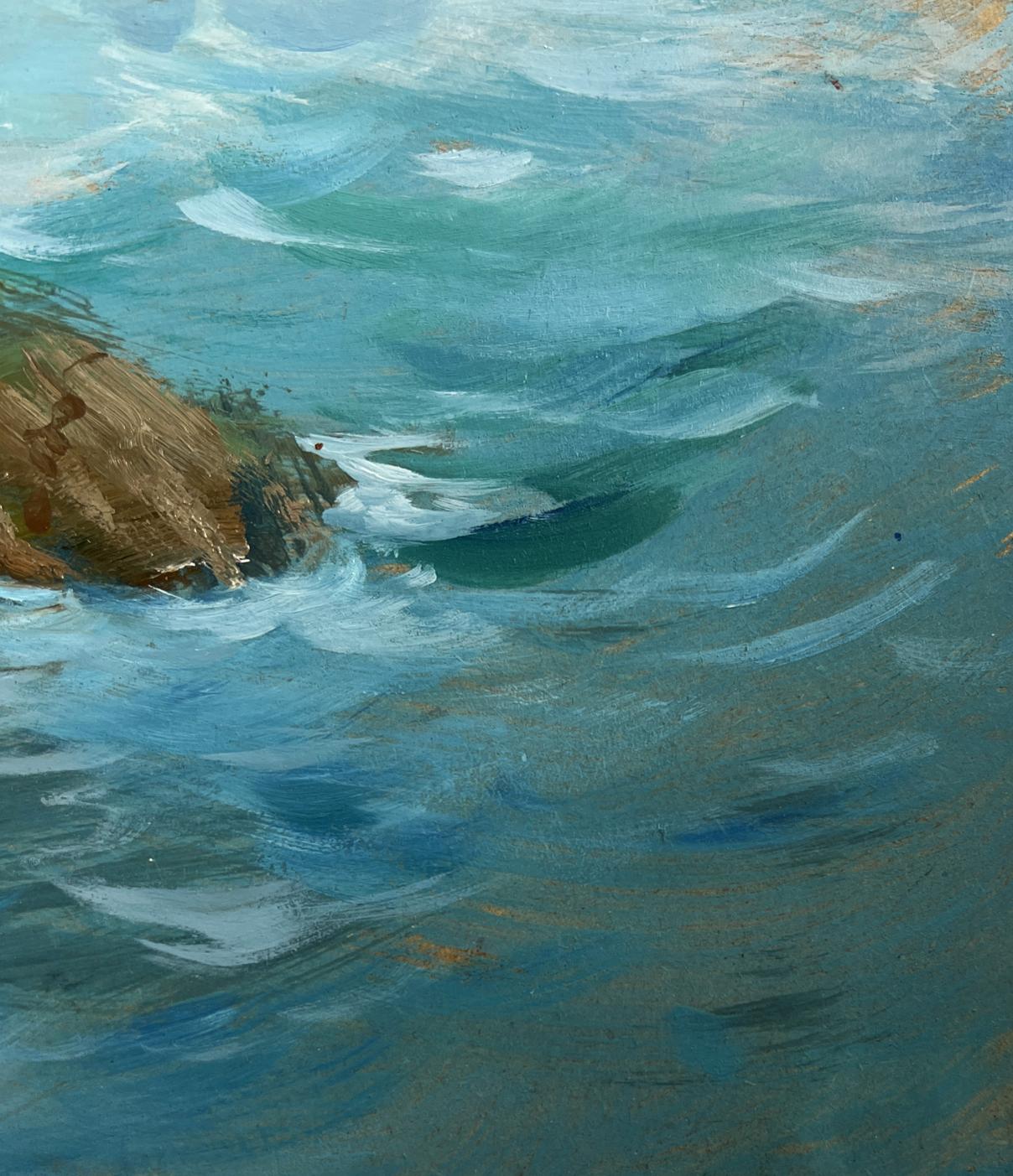 Oil painting Song of the Waves and Wind by Yuriy Suprunchuk: turquoise waves crashing on rocks