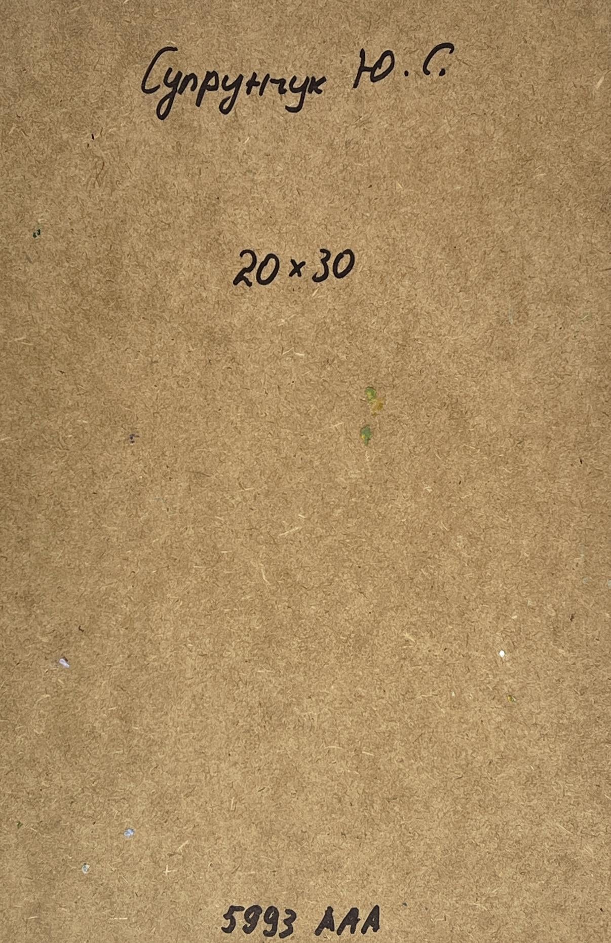 Back of Yuriy Suprunchuk oil painting with Cyrillic text and measurements on brown cardboard