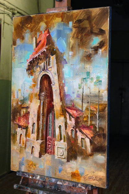 Oil painting Memories Alexander Dobrodiy: rustic stone church under dreamy sky