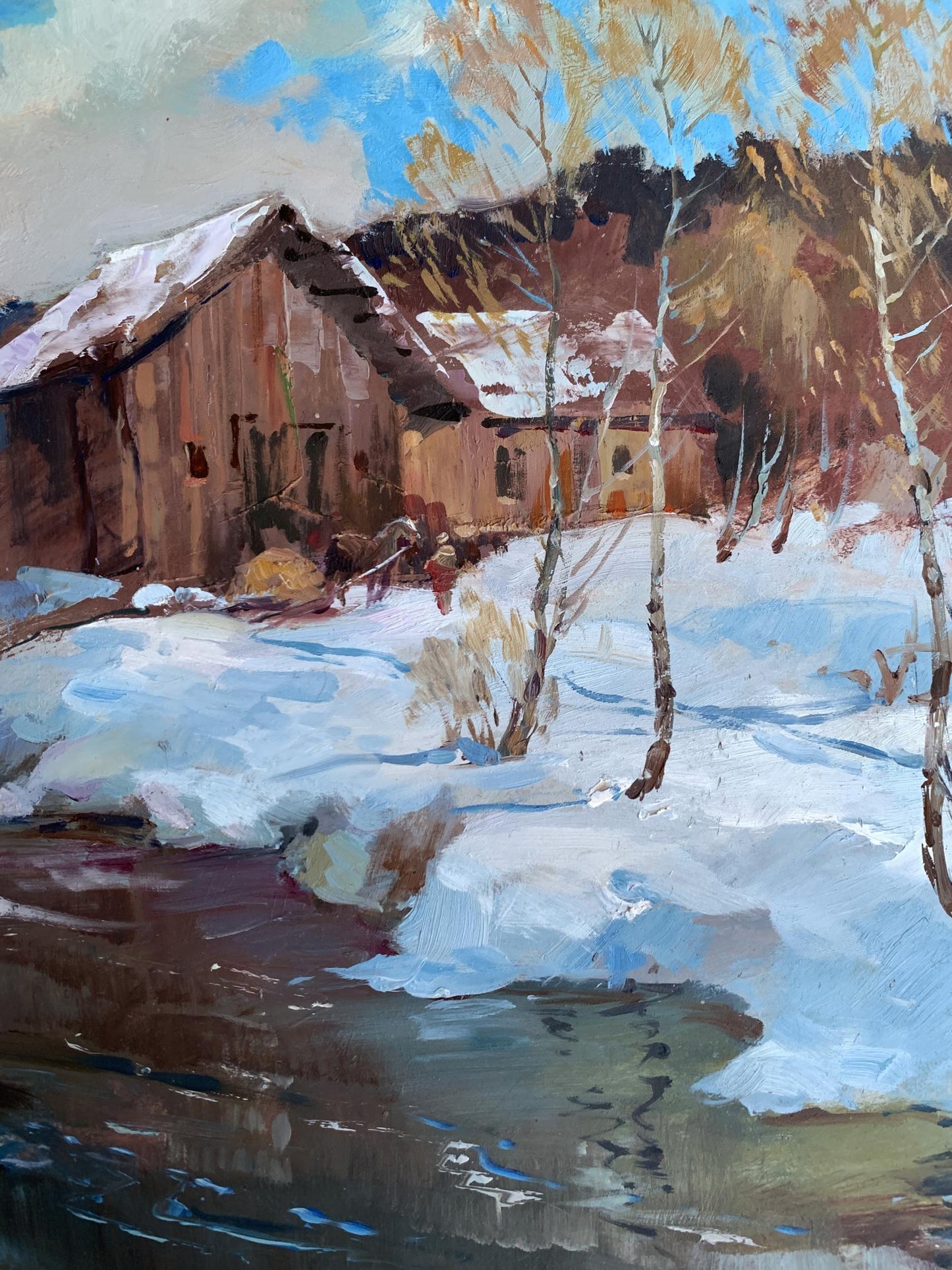 Oil painting of snow-covered barn after night snowstorm by Yuriy Suprunchuk