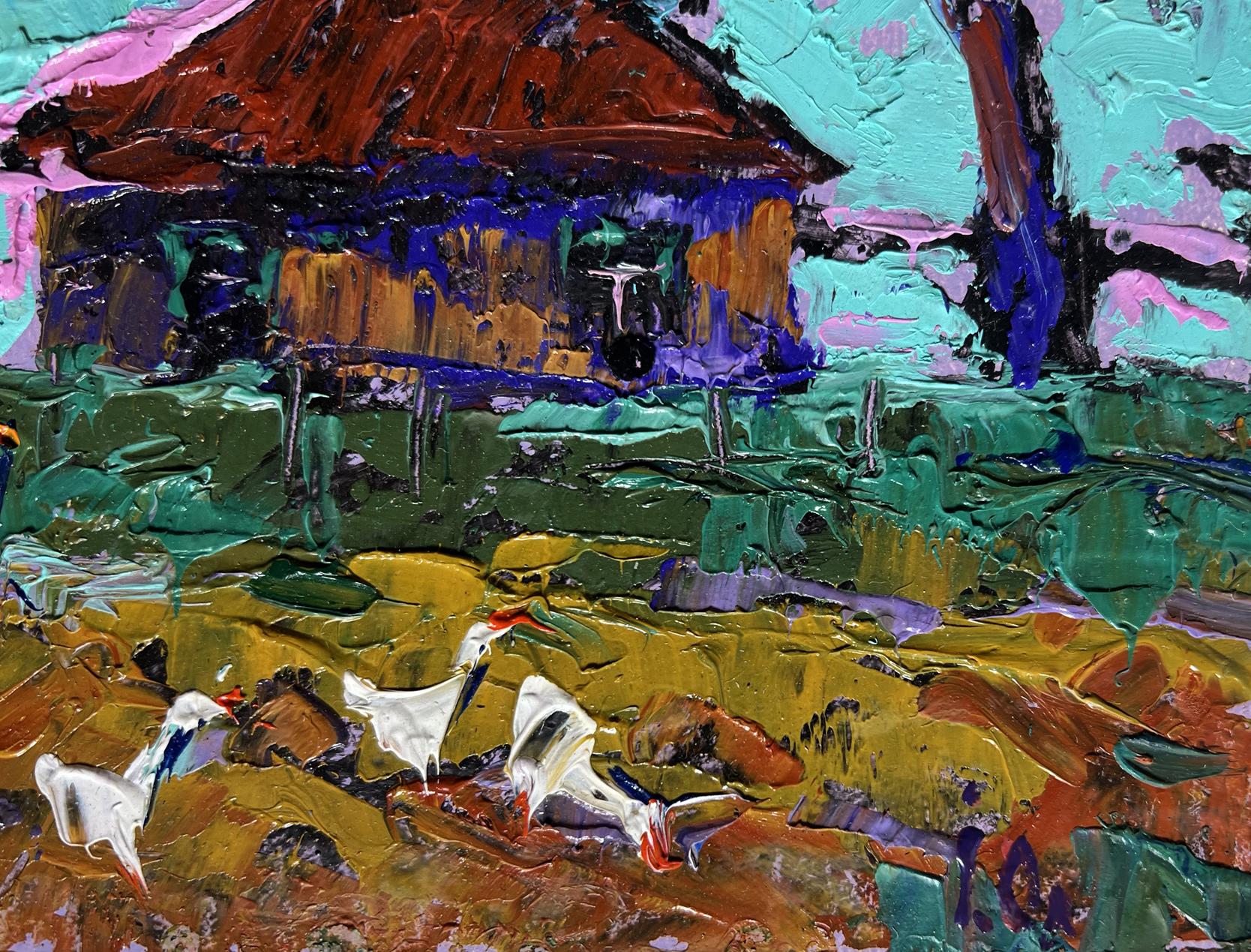 Oil painting of geese flock in evening by Oleksiy Ivanyuk, rustic house scene