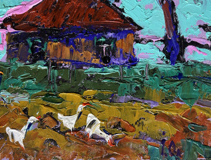 Oil painting of geese flock in evening by Oleksiy Ivanyuk, rustic house scene