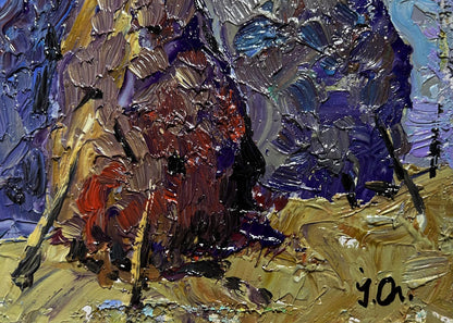 Oil painting Cold wind in the evening by Oleksiy Ivanyuk, textured purple gold red impasto