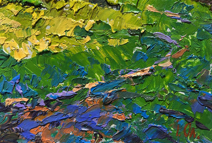 Vibrant impressionist oil painting of yellow fields near village by Oleksiy Ivanyuk