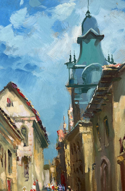 Teal clock tower above narrow street with people by Yuriy Suprunchuk oil painting