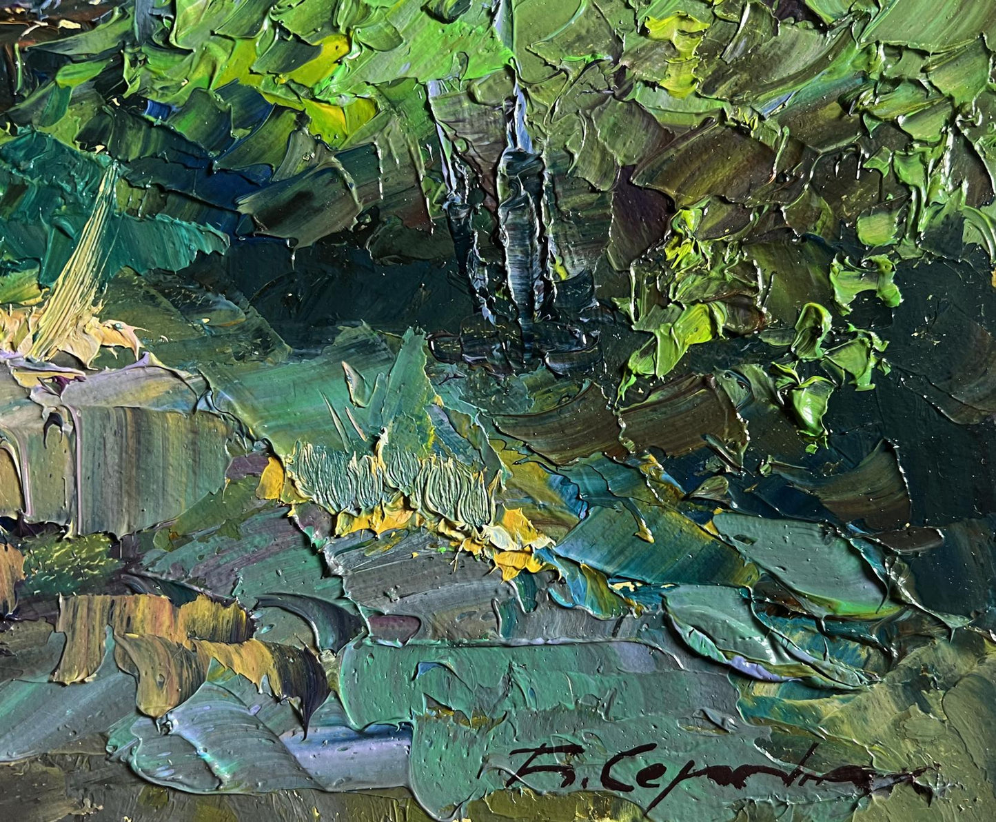 Textured impressionistic oil painting of Boris Serdyuks house in lush green field