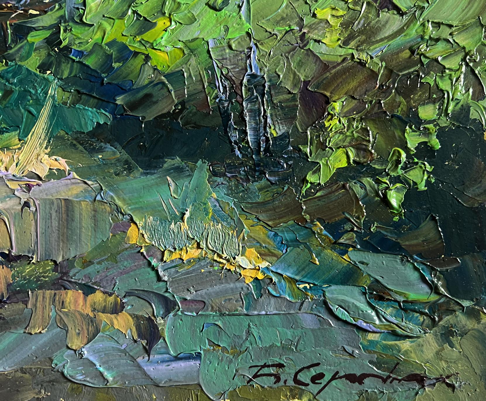 Textured impressionistic oil painting of Boris Serdyuks house in lush green field