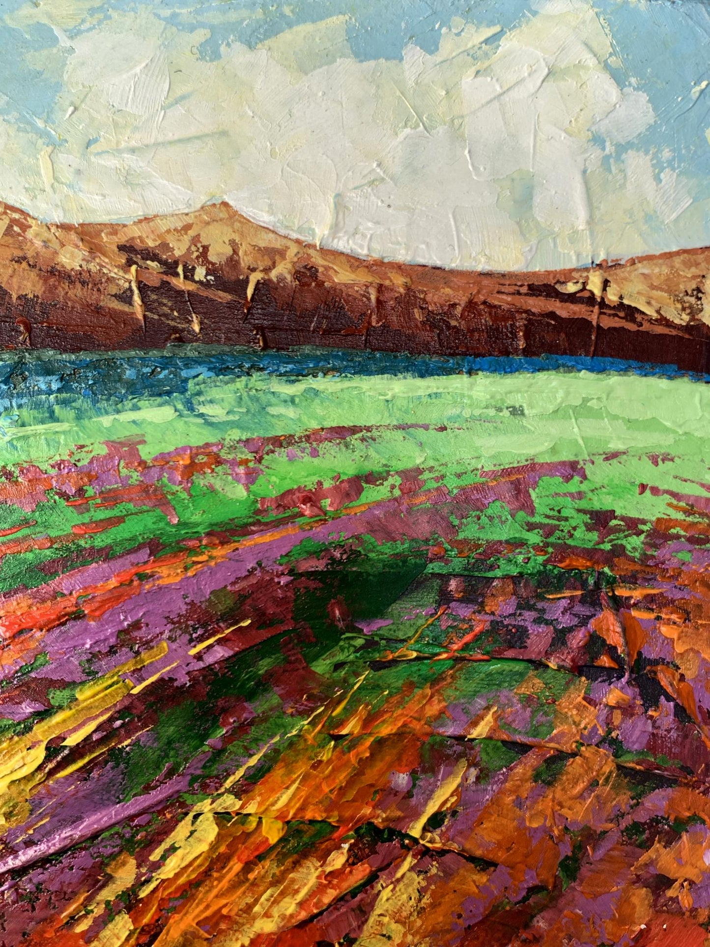 Vibrant impressionist oil painting of brown mountains by V. Zadorozhnya