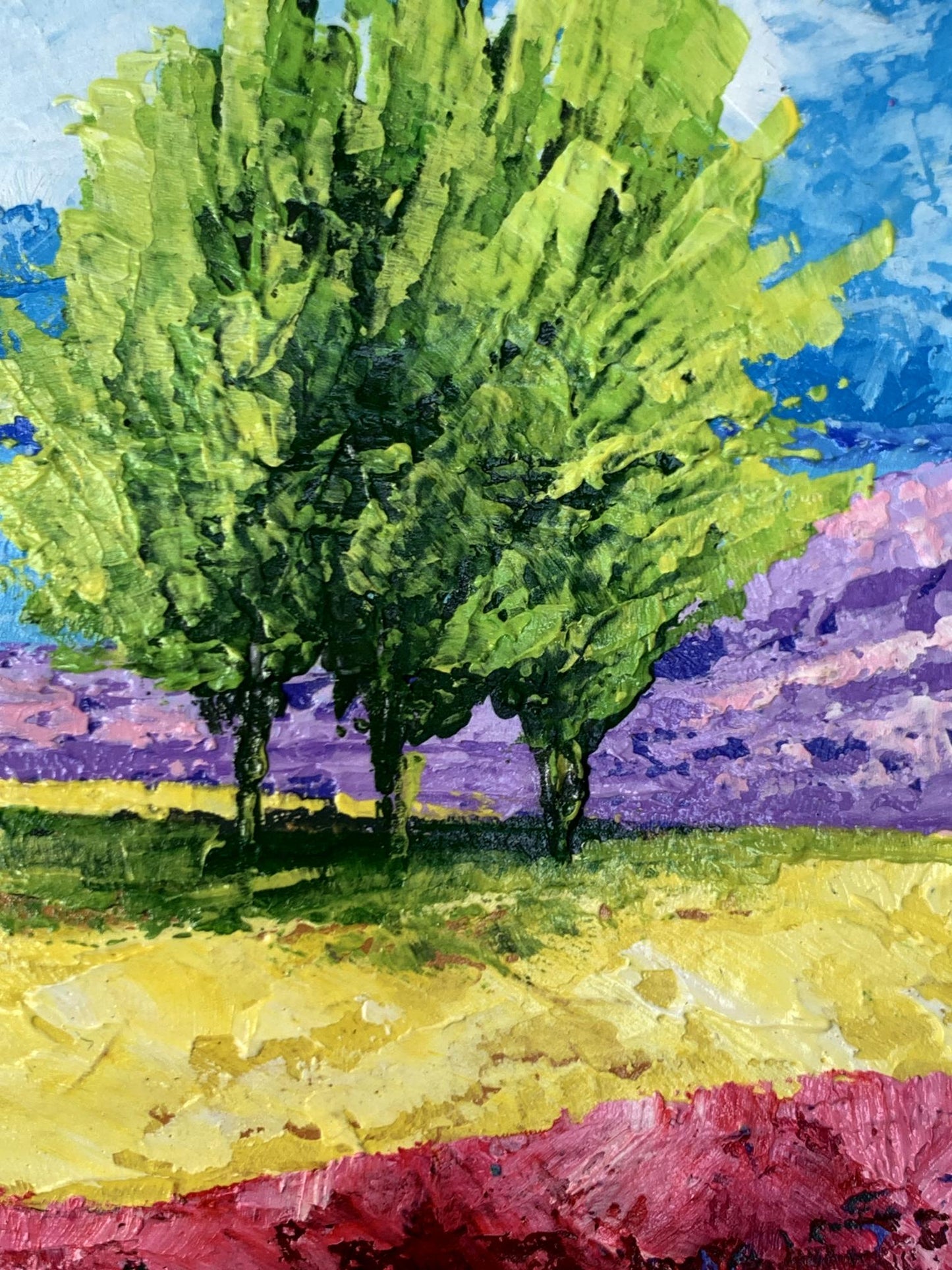 Oil painting of mountain lake, three lush trees by V. Zadorozhnya