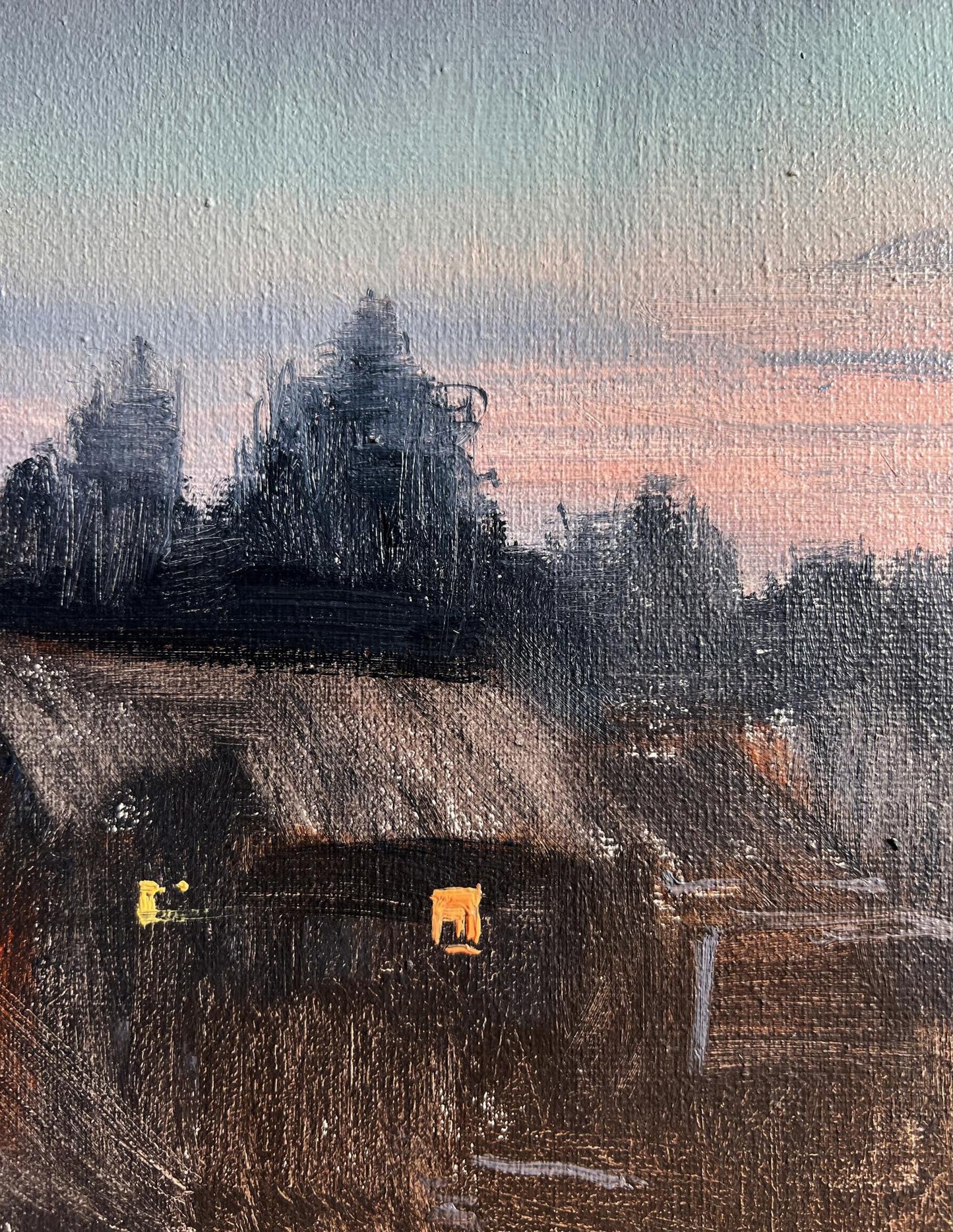 Oil painting of Northern Lights over rustic thatched cottage village by Tatyana Derdey