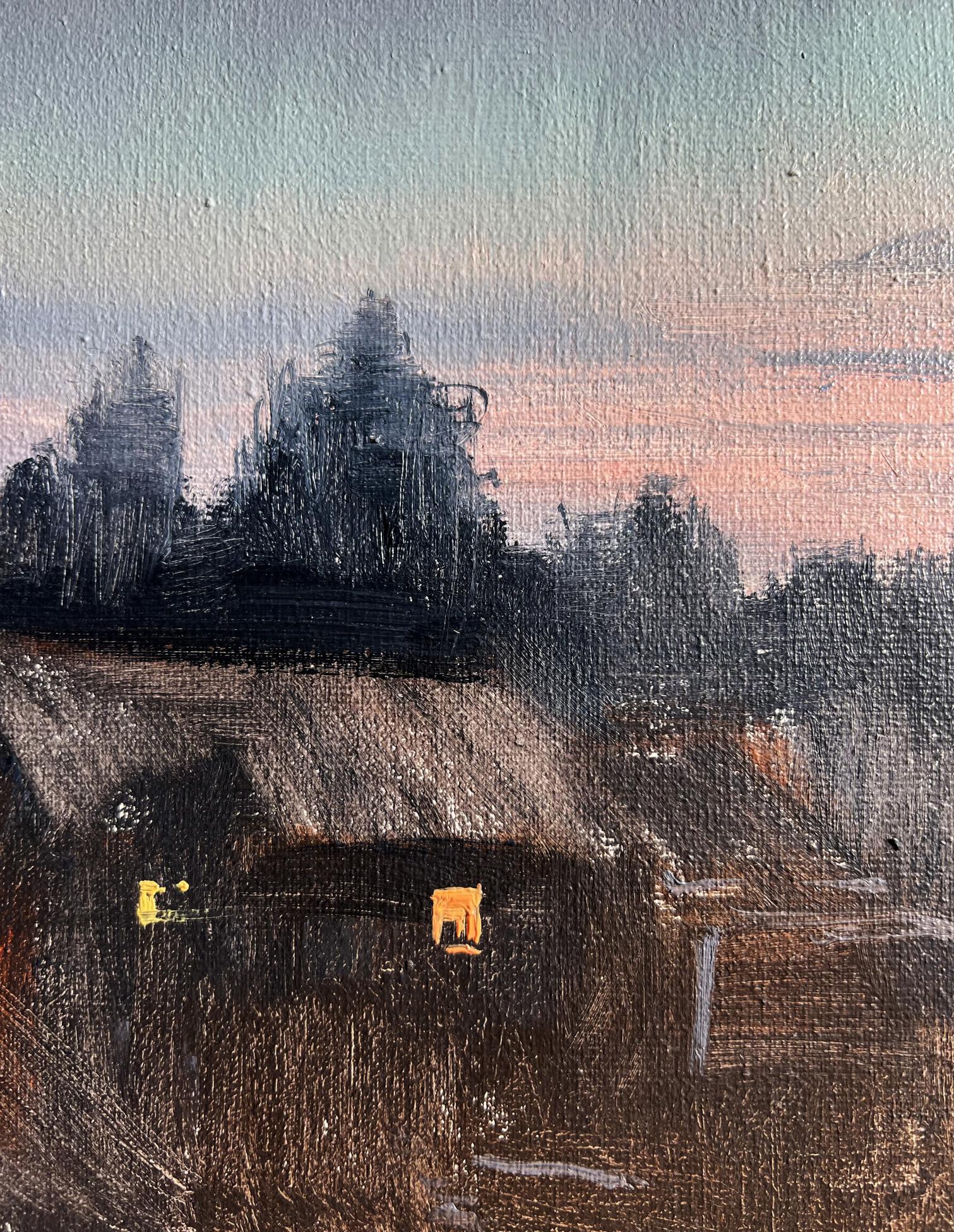 Oil painting of Northern Lights over rustic thatched cottage village by Tatyana Derdey