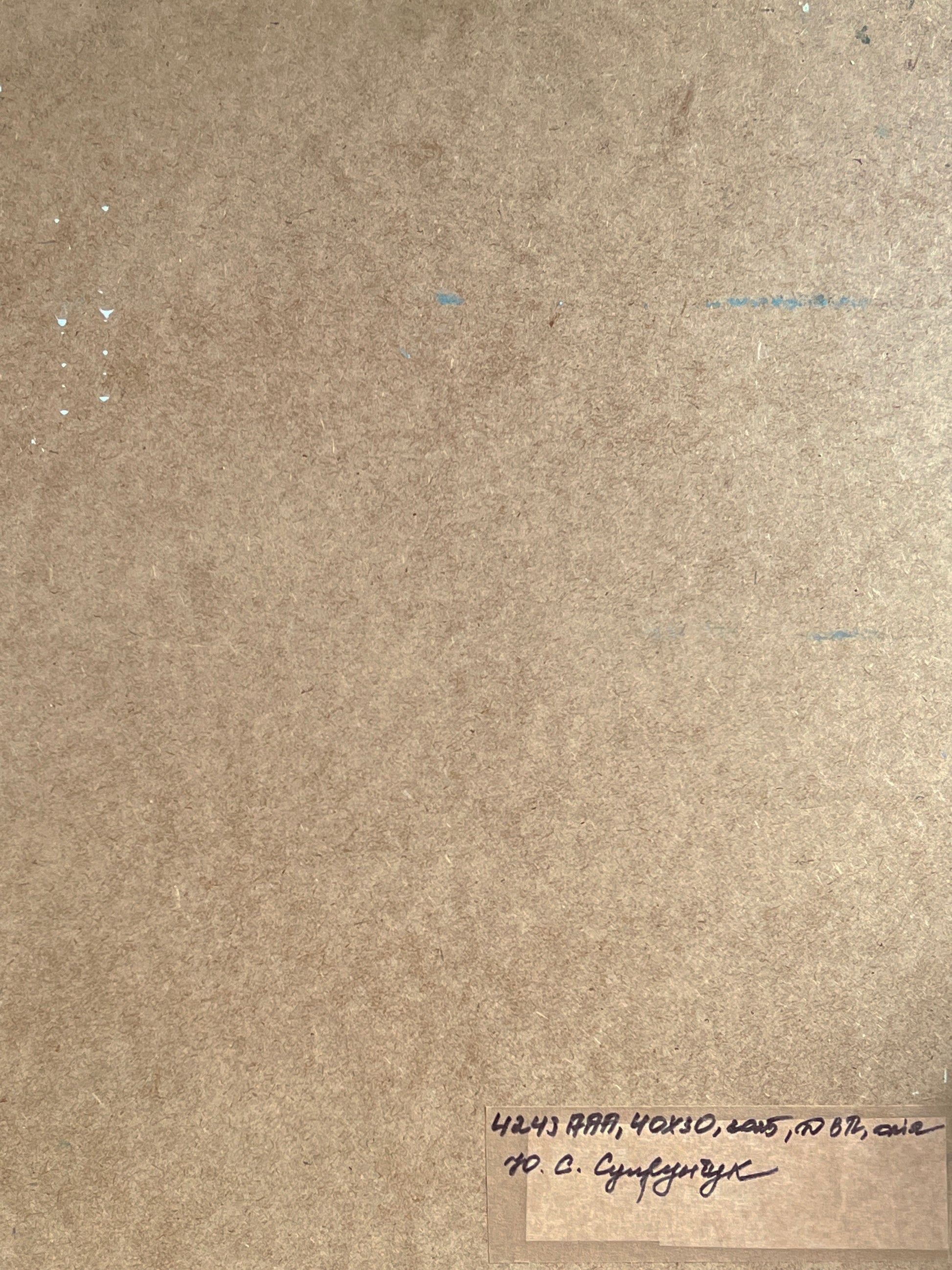 Back of Yuriy Suprunchuk oil painting Venetian reflection with handwritten text on brown cardboard