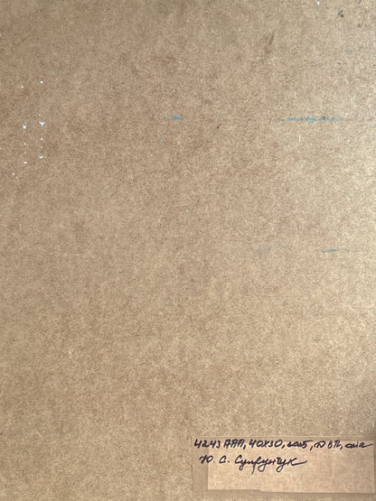 Back of Yuriy Suprunchuk oil painting Venetian reflection with handwritten text on brown cardboard