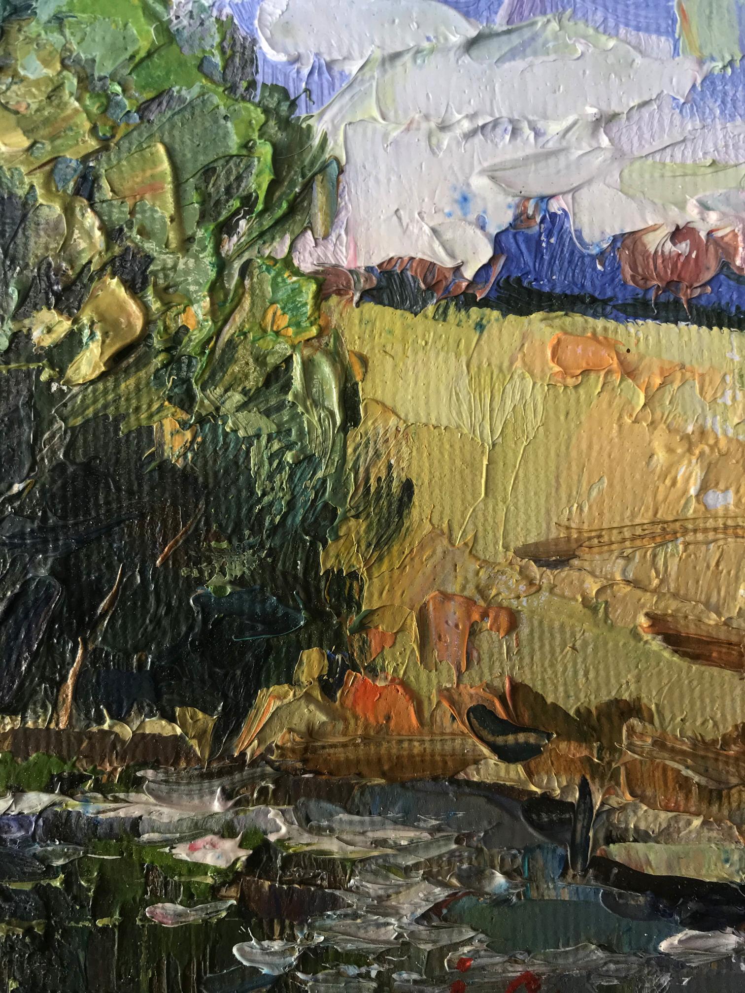 In Oksana Ivanyuk's oil painting, a serene forest lake is secluded amidst the trees