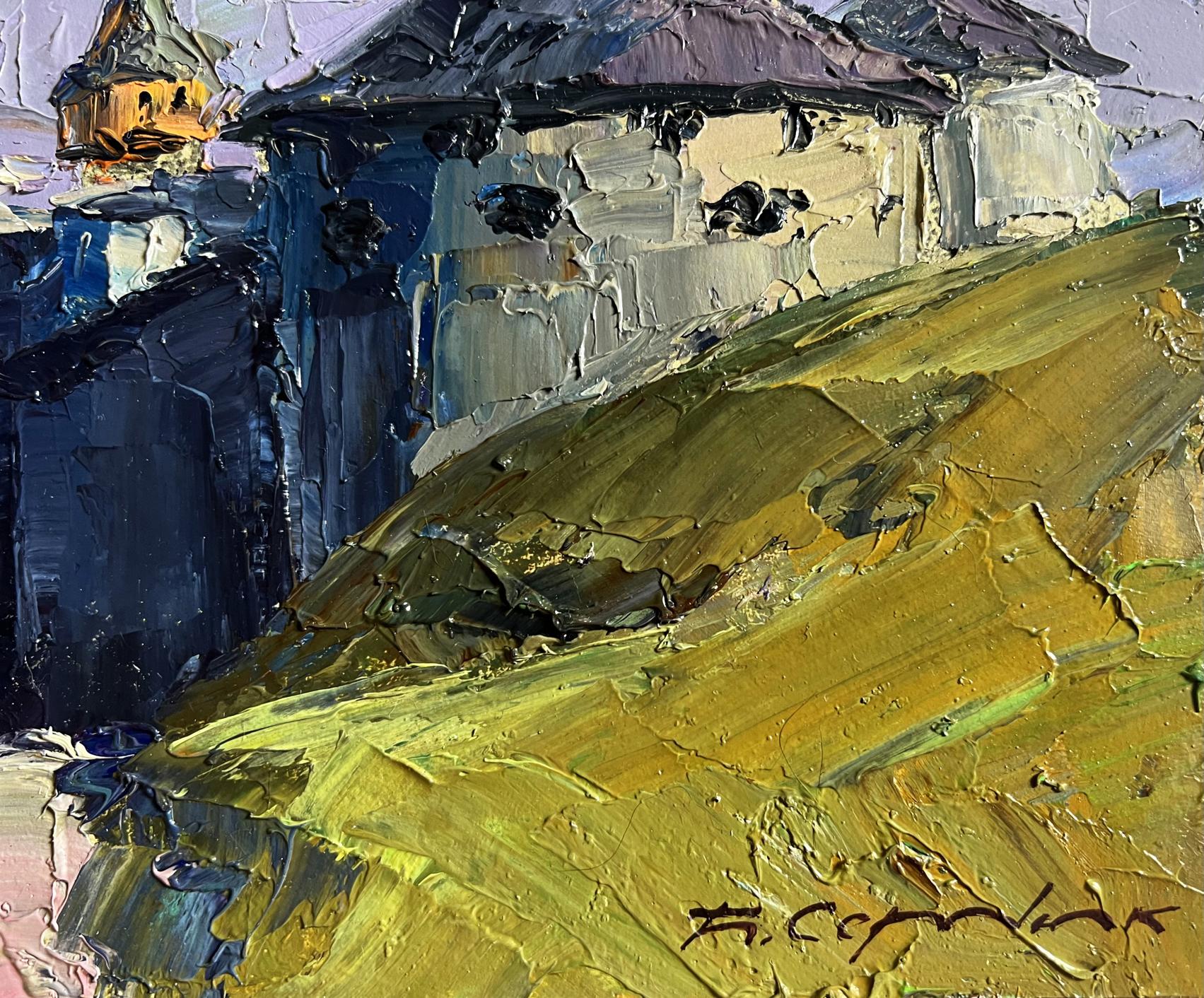 Impasto oil painting of Boris Serdyuk fortress village in earthy yellows and blues