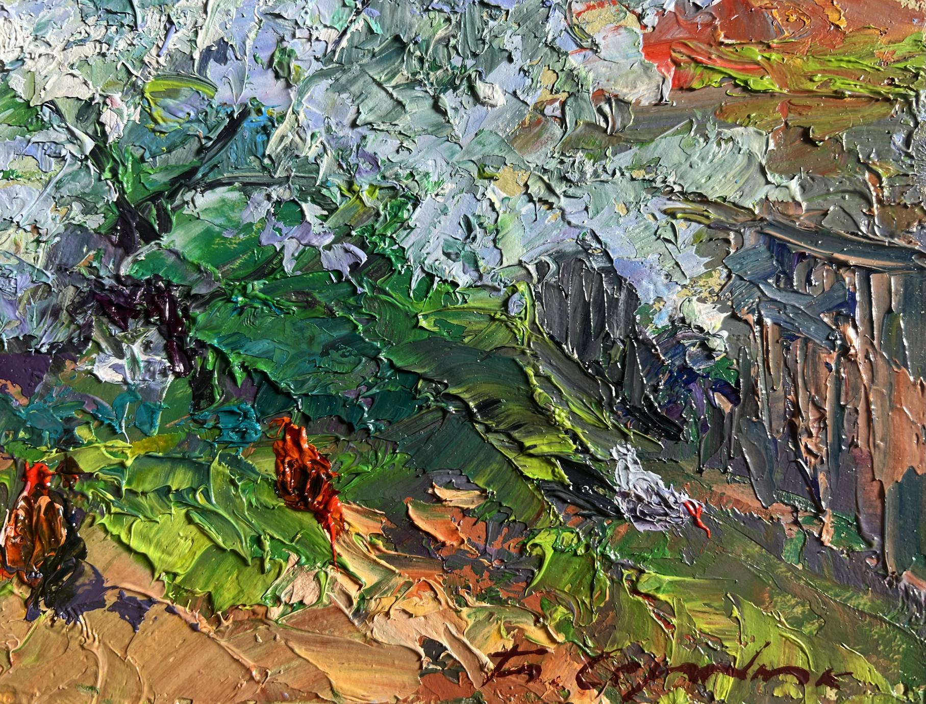 Impressionistic oil painting of flowering tree and chickens by Boris Serdyuk