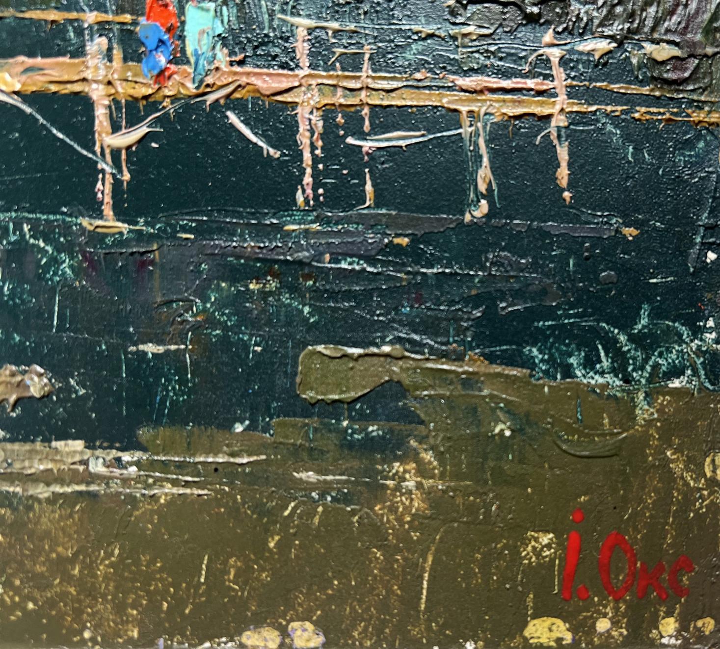 Oil painting Romantic get-togethers by the river by Oksana Ivanyuk in teal and gold