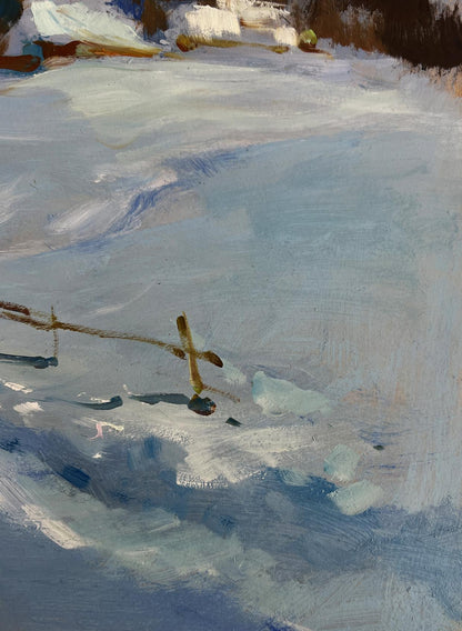 Rustic wooden cross with rope in snowy path oil painting by Yuriy Suprunchuk