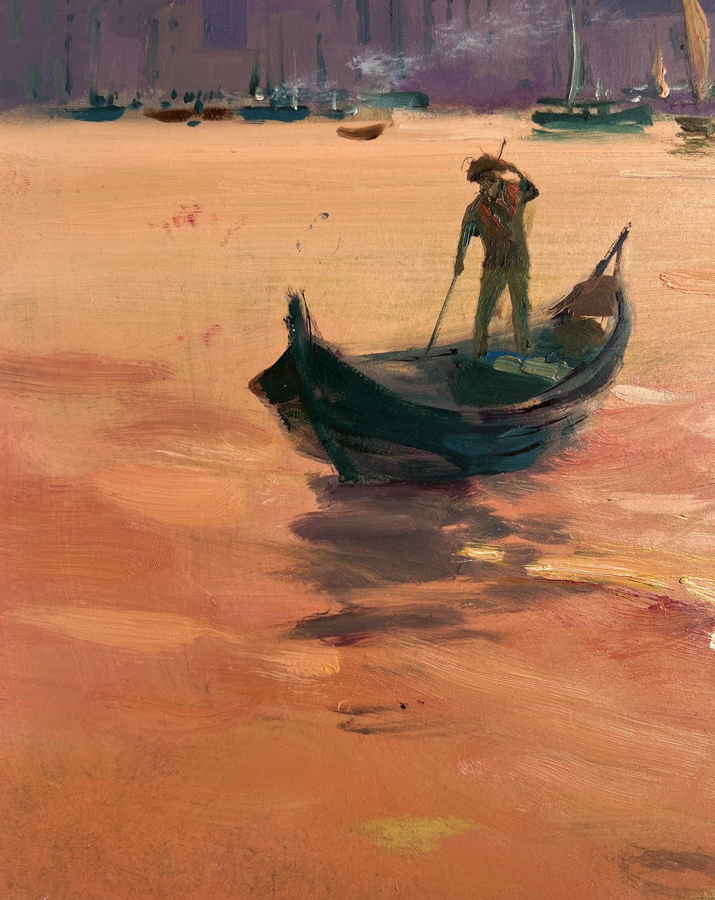Oil painting of dark teal Venetian gondola by Yuriy Suprunchuk