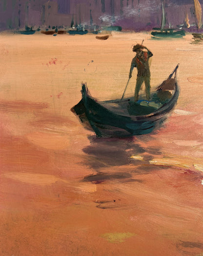 Oil painting of dark teal Venetian gondola by Yuriy Suprunchuk