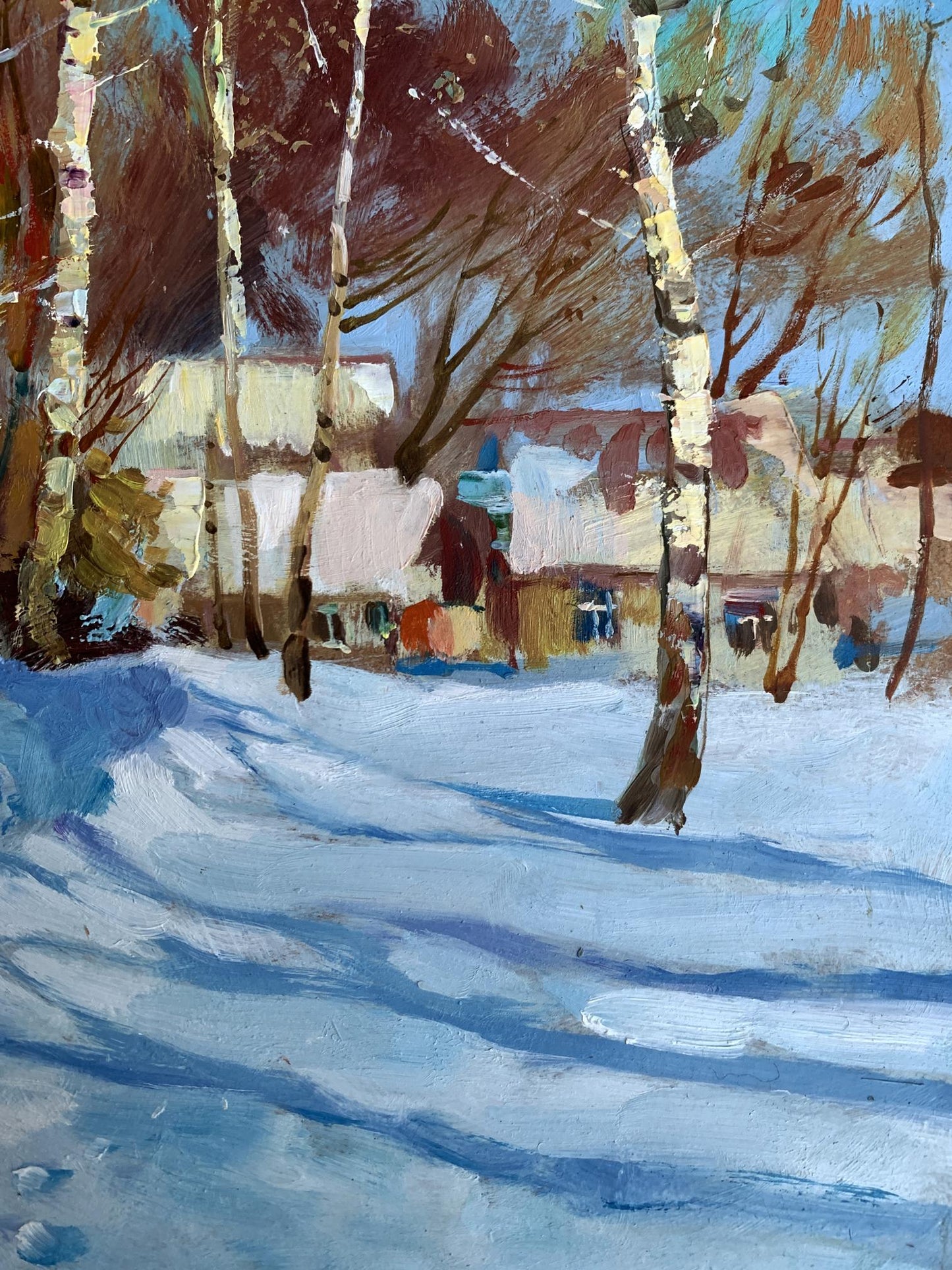 Oil painting Sunny winter day by Yuriy Suprunchuk snowy village scene