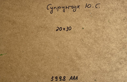 Back of Yuriy Suprunchuk oil painting Blooming trees in garden with handwritten супрунгук ю