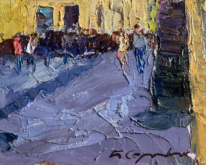 Oil painting Summer day in the city by Boris Serdyuk, purple gold impressionist scene