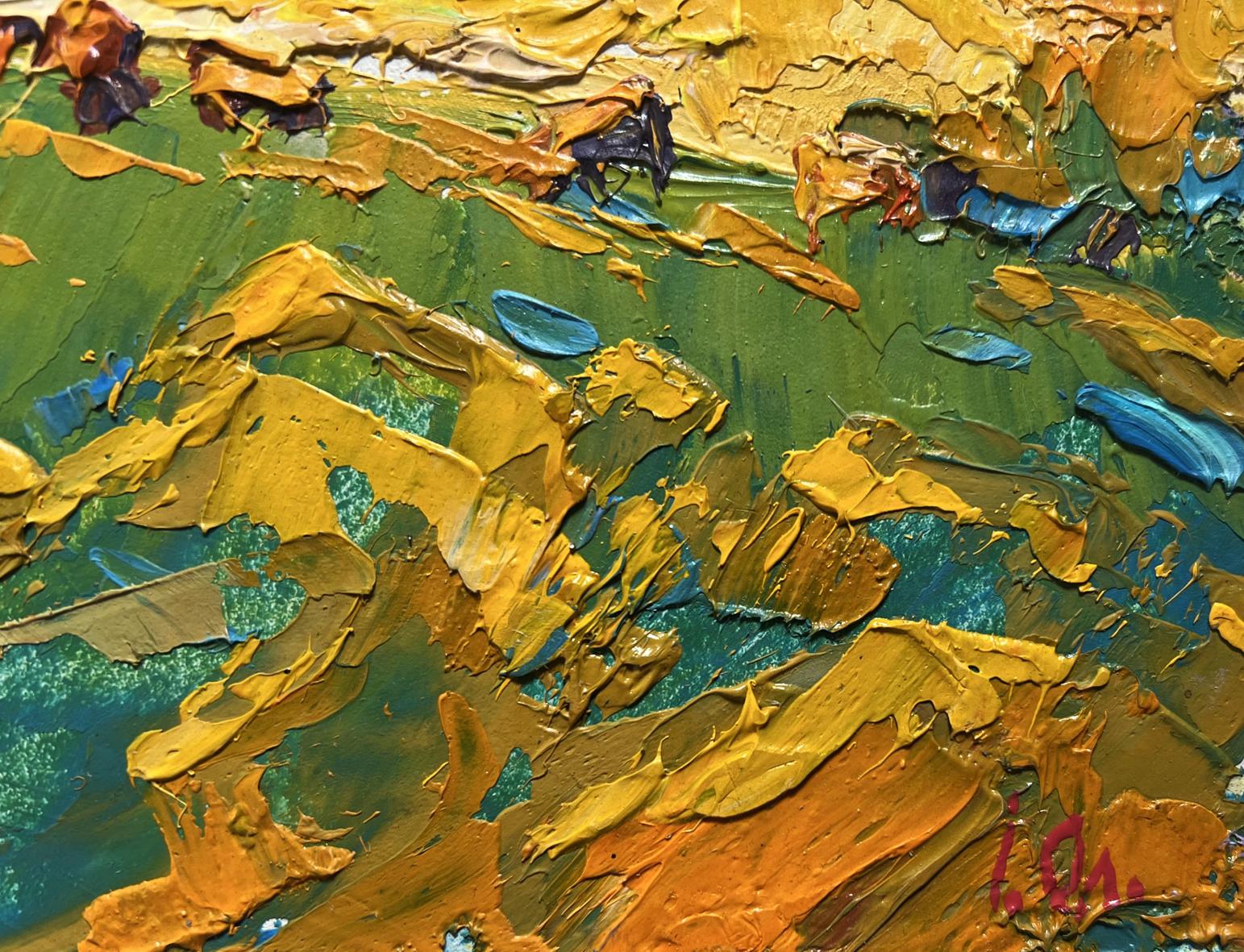 Oil painting Yellow sunset in the field by Oleksiy Ivanyuk, vibrant impasto yellow and green