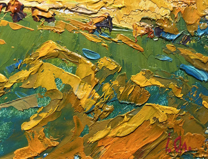 Oil painting Yellow sunset in the field by Oleksiy Ivanyuk, vibrant impasto yellow and green