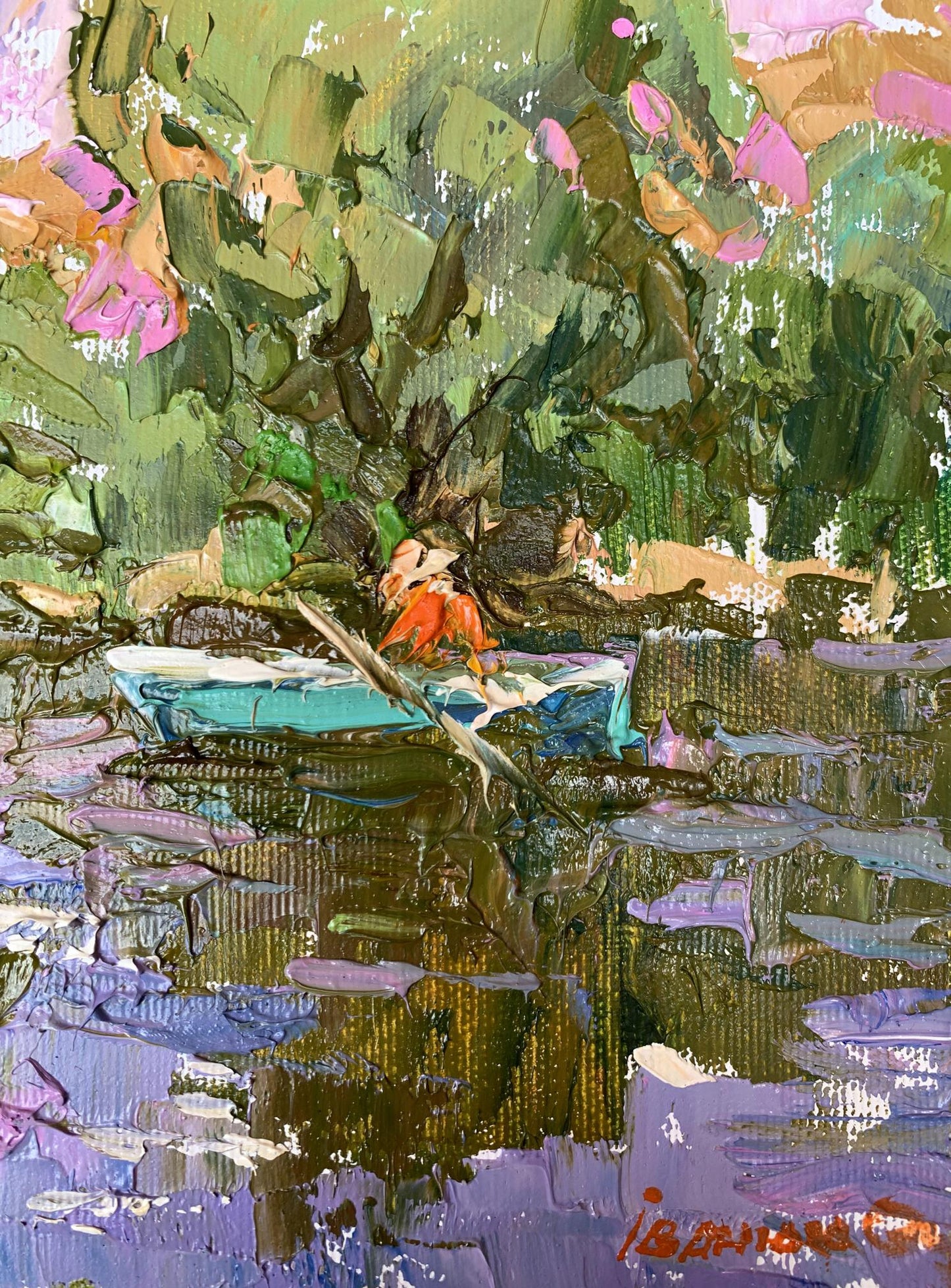 Vibrant impressionist oil painting by Oleksiy Ivanyuk of rower in orange shirt in turquoise boat among green purple water lilies