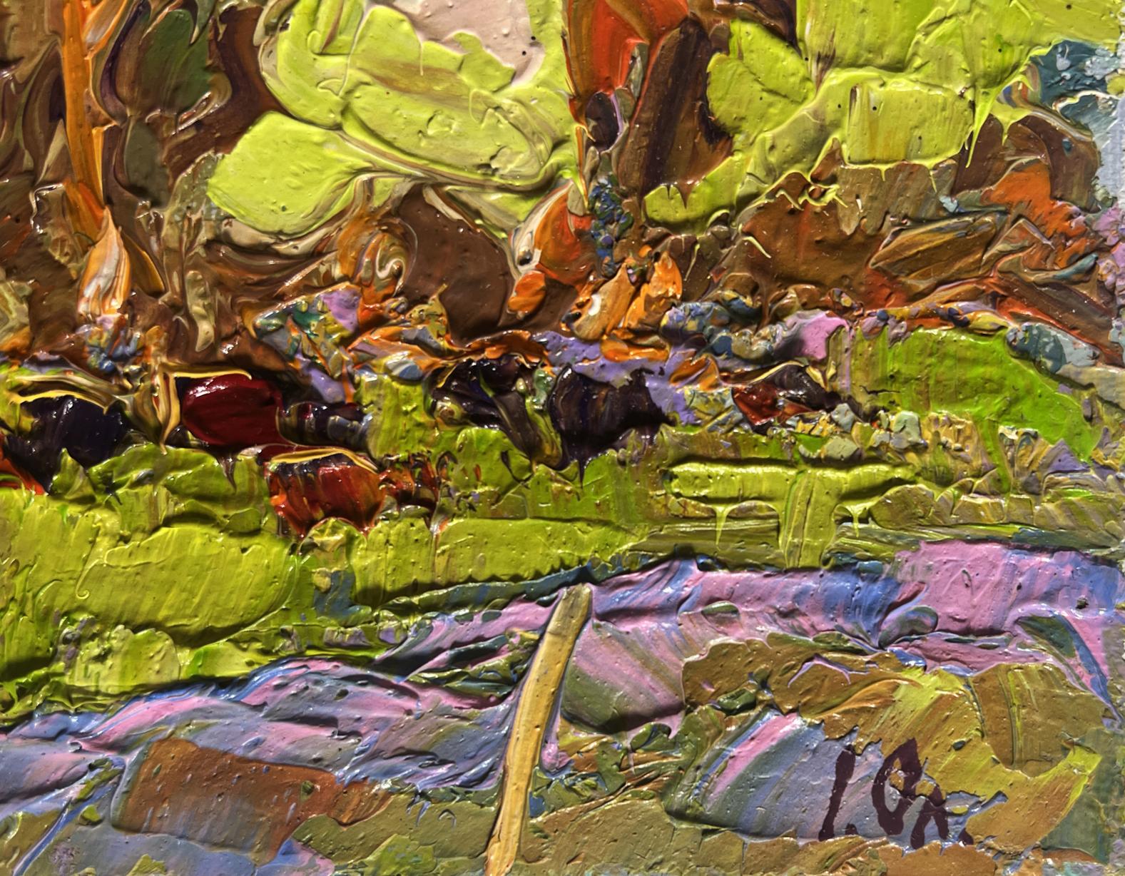 Vibrant impressionist oil painting of lush meadows behind village by Oleksiy Ivanyuk