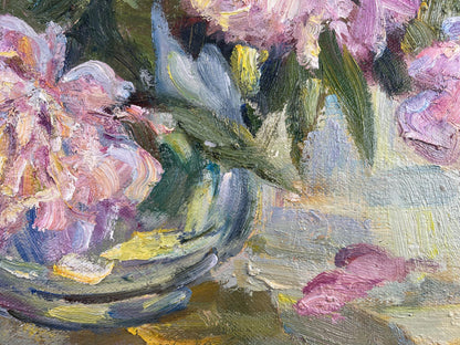 Oil painting Silent Fragrance by Ivan Kovalenko: pink purple peonies in vase